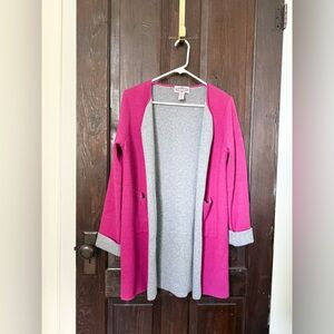 pink and grey cardigan with pockets